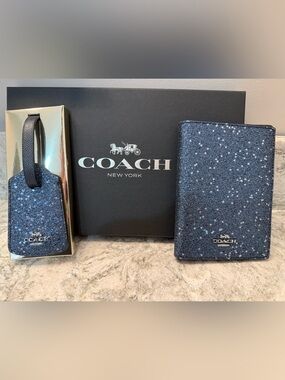 Coach Midnight Navy Glitter Star Passport Cover & Luggage Tag Set
